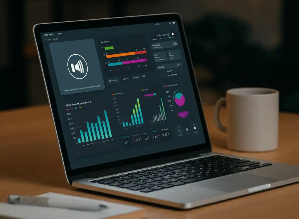 A laptop displays a dashboard of music streaming platform trends