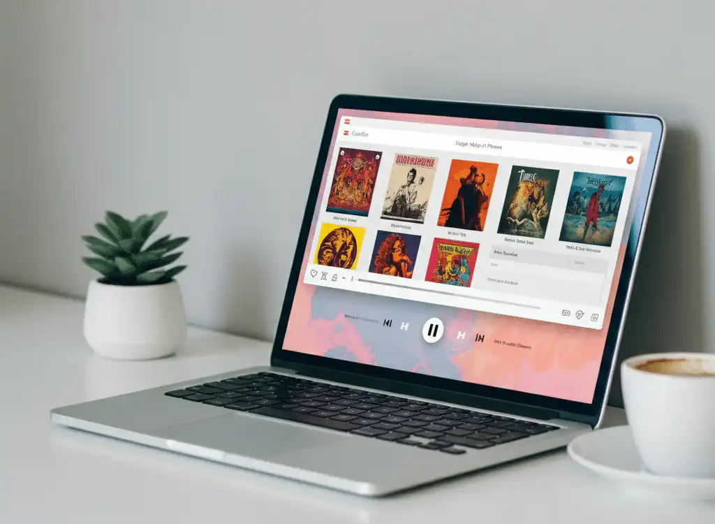 A laptop displays a music playlist with colorful album