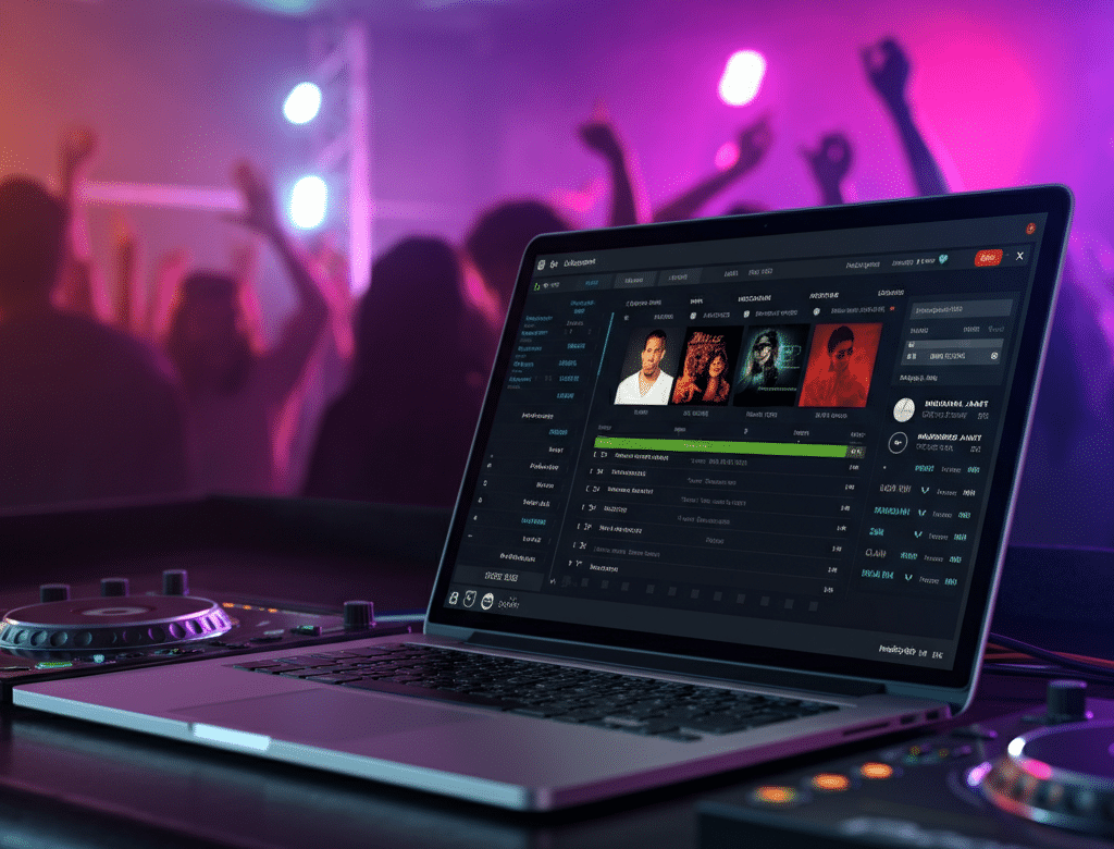 A laptop on a DJ booth displaying a playlist and song selection interface.