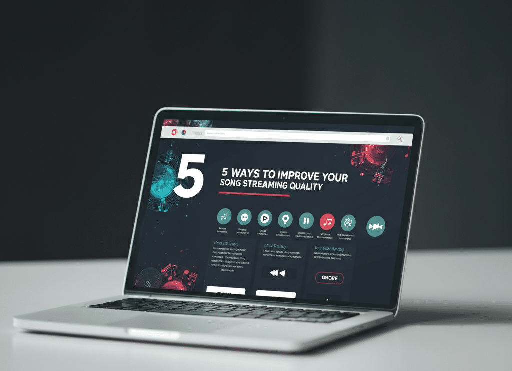 A laptop on a clean desk displaying a '5 Ways to Improve Your Song Streaming Quality,'