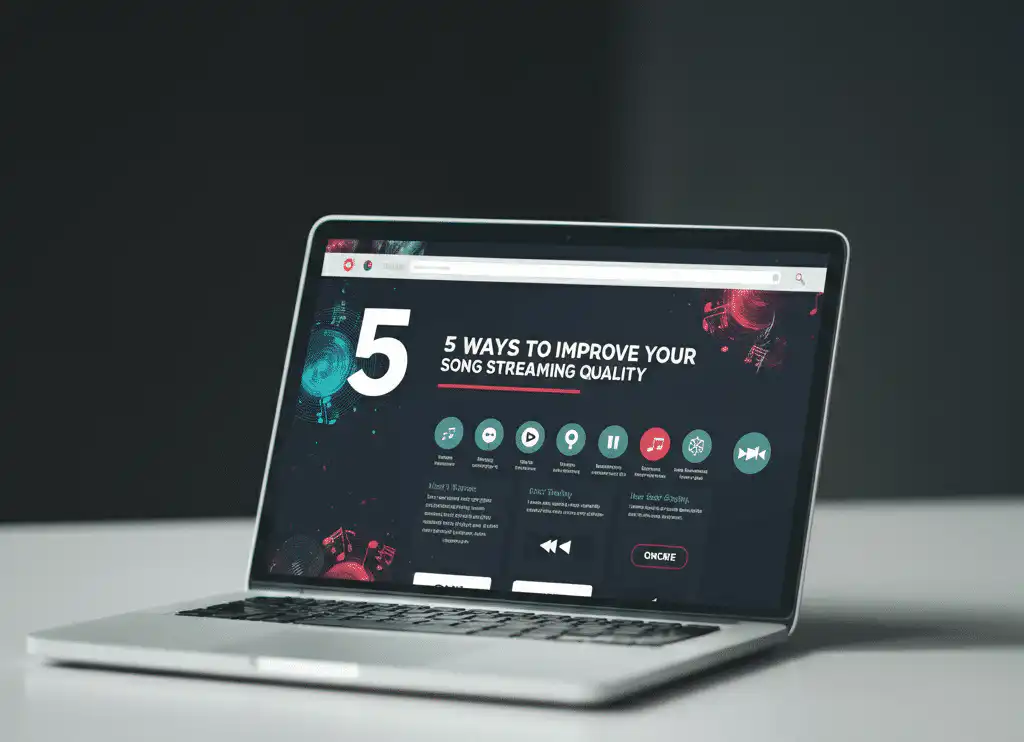 A laptop on a clean desk displaying a '5 Ways to Improve Your Song Streaming Quality,'