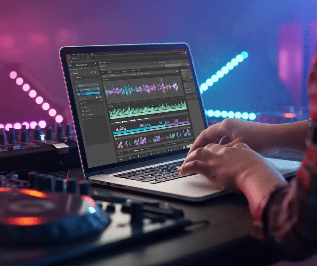 A laptop showing a DJ curates his selection songs