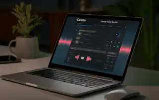 A laptop showing a curator music toolkit featuring vibrant audio waveforms, playlist tools, and analytics