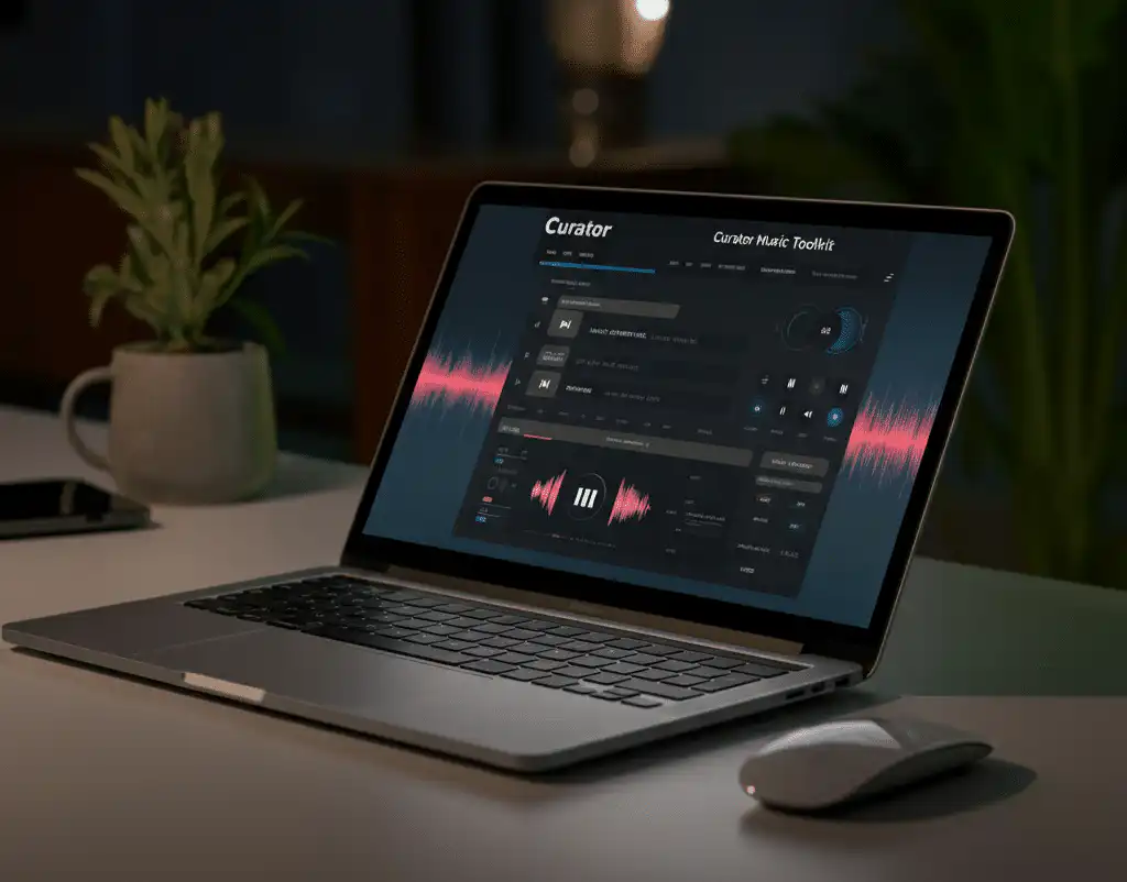 A laptop showing a curator music toolkit featuring vibrant audio waveforms, playlist tools, and analytics
