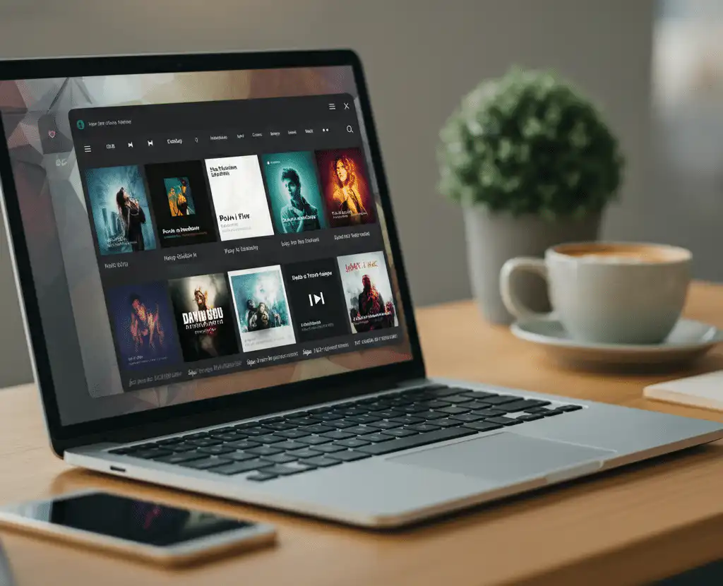 A laptop showing a list of song selection
