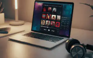 A laptop showing a music streaming services interface with album covers