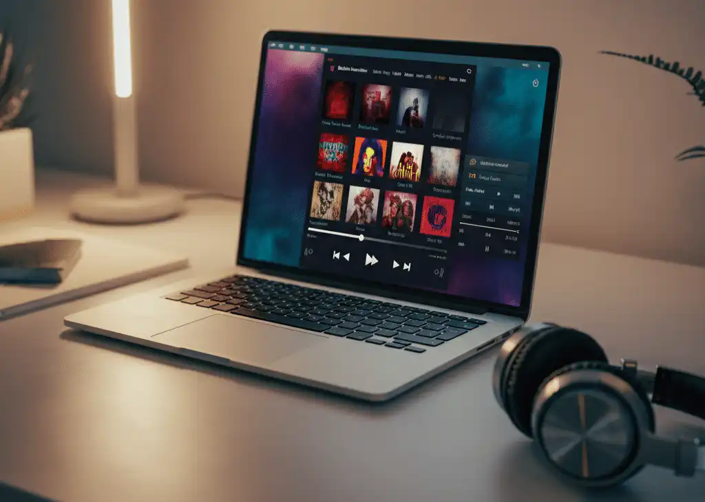 A laptop showing a music streaming services interface with album covers