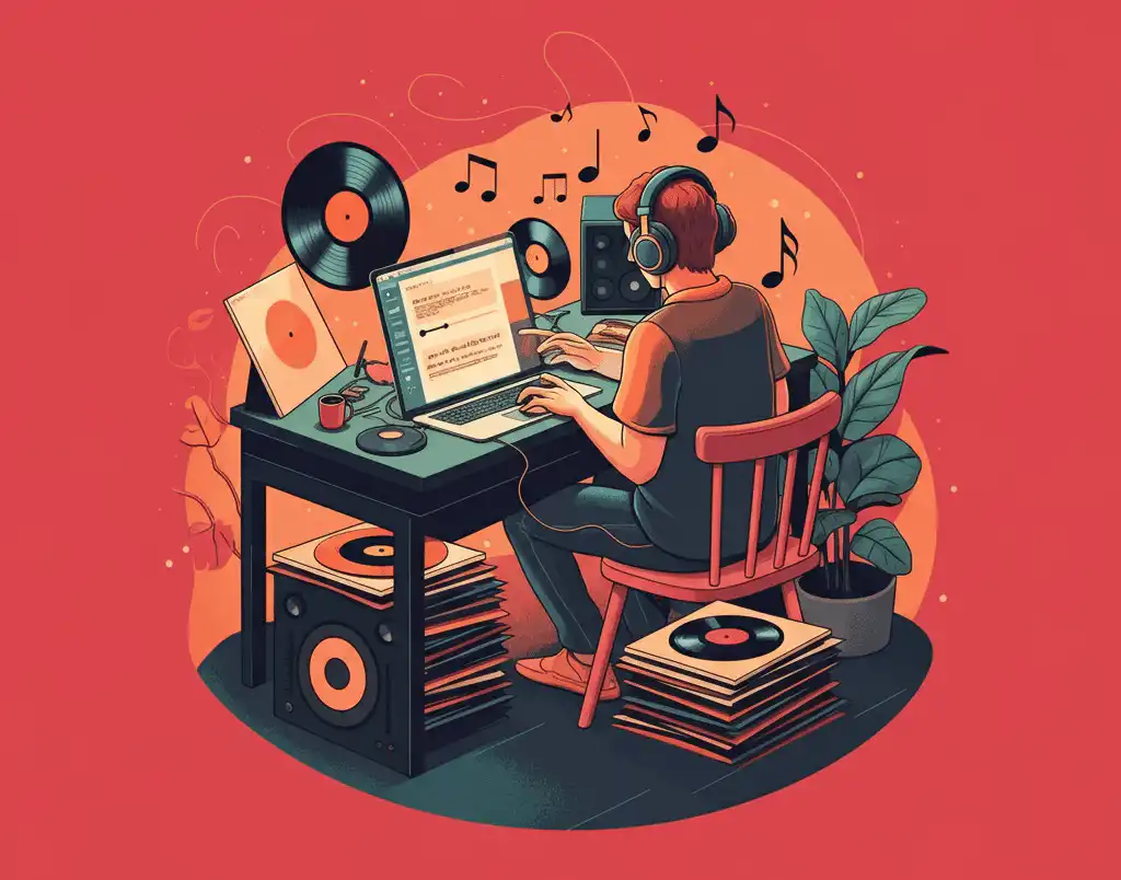 A person wearing headphones, seated at a desk with a laptop displaying curated music service