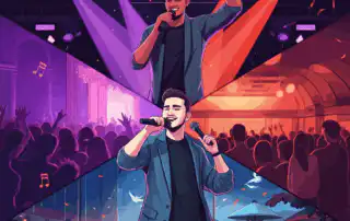 An emcee performing curated songs on stage, adapting to various venues including a nightclub, wedding, and outdoor festival