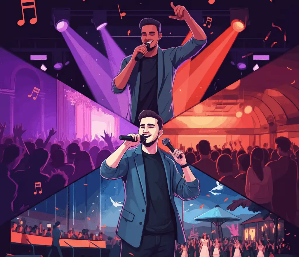 An emcee performing curated songs on stage, adapting to various venues including a nightclub, wedding, and outdoor festival