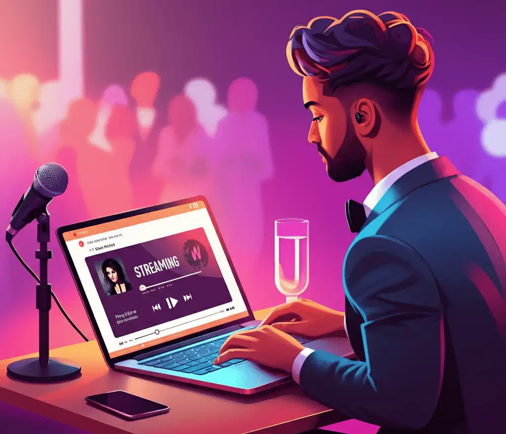 An emcee seated at a table, using a laptop displaying a streaming service interface