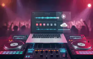 A DJ booth featuring a laptop showing streaming services