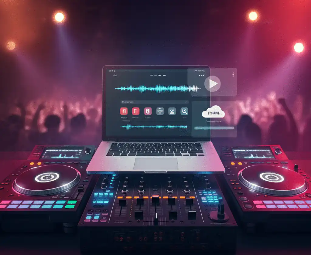 A DJ booth featuring a laptop showing streaming services