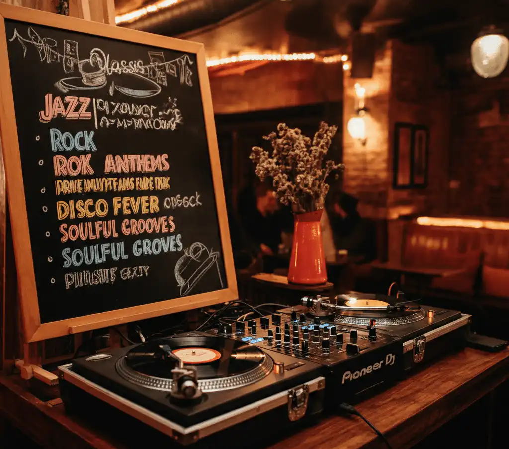 A DJ booth with turntables showing types of playlists