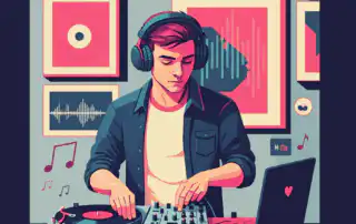 A DJ curator wearing over-ear headphones, mixing on a turntable and mixer with a laptop nearby