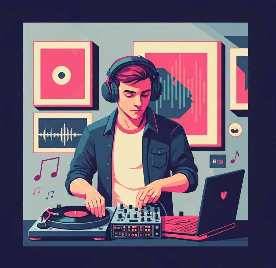 A DJ curator wearing over-ear headphones, mixing on a turntable and mixer with a laptop nearby