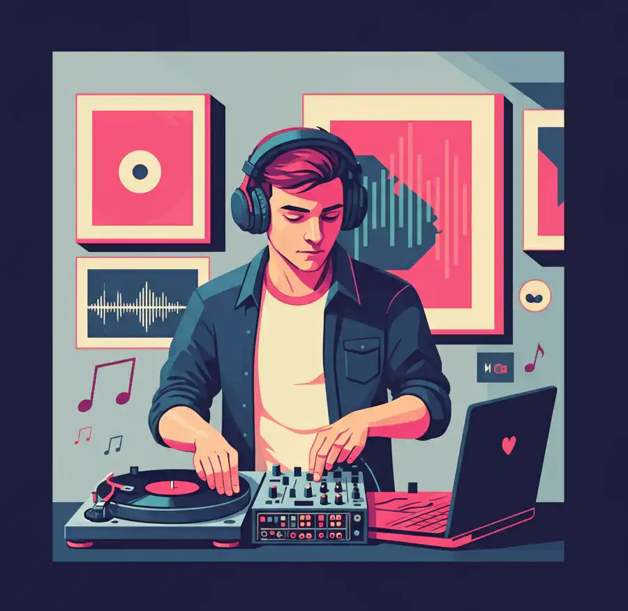 A DJ curator wearing over-ear headphones, mixing on a turntable and mixer with a laptop nearby