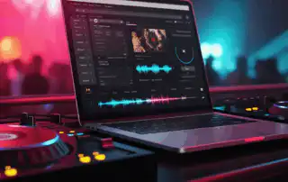 A DJ laptop on a club booth showing a music streaming interface under neon lights