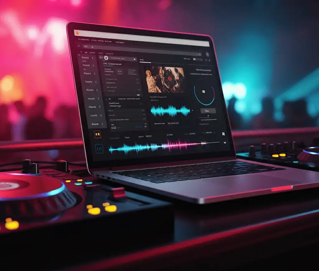 A DJ laptop on a club booth showing a music streaming interface under neon lights