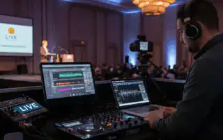 A DJ operating audio and streaming setup at a corporate conference