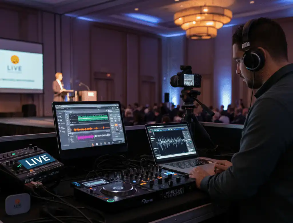 A DJ operating audio and streaming setup at a corporate conference