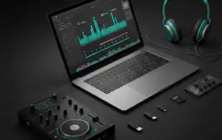 A DJ setup featuring a laptop with abstract playlist rows and waveforms, teal-accent over-ear headphones, a small mixer, and USBSD media for transferring tracks