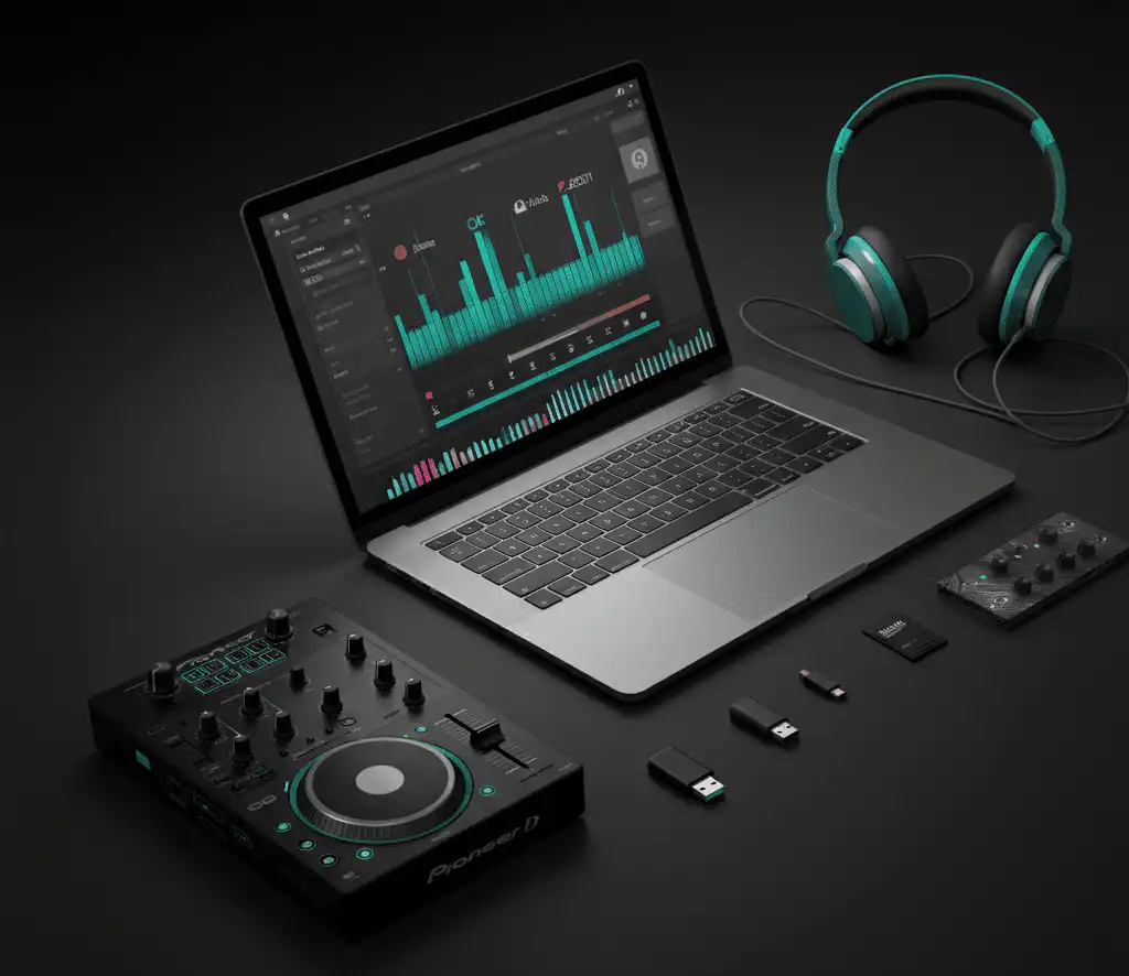 A DJ setup featuring a laptop with abstract playlist rows and waveforms, teal-accent over-ear headphones, a small mixer, and USBSD media for transferring tracks