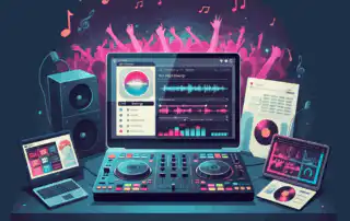 A DJ setup with a mixer, a laptop showing DJ curated sets