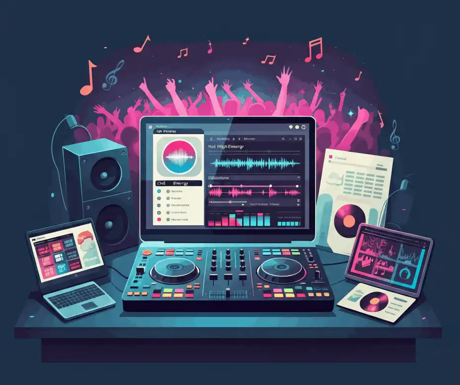 A DJ setup with a mixer, a laptop showing DJ curated sets