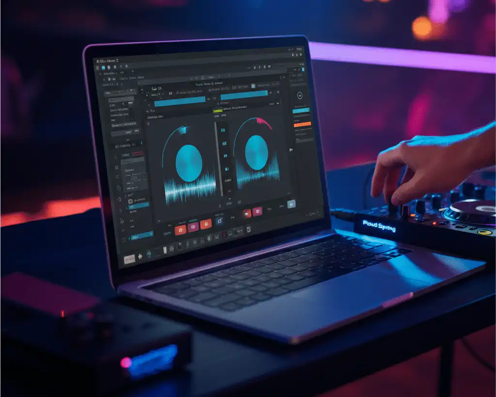 A DJ streaming music setup showing a laptop interface with playlists