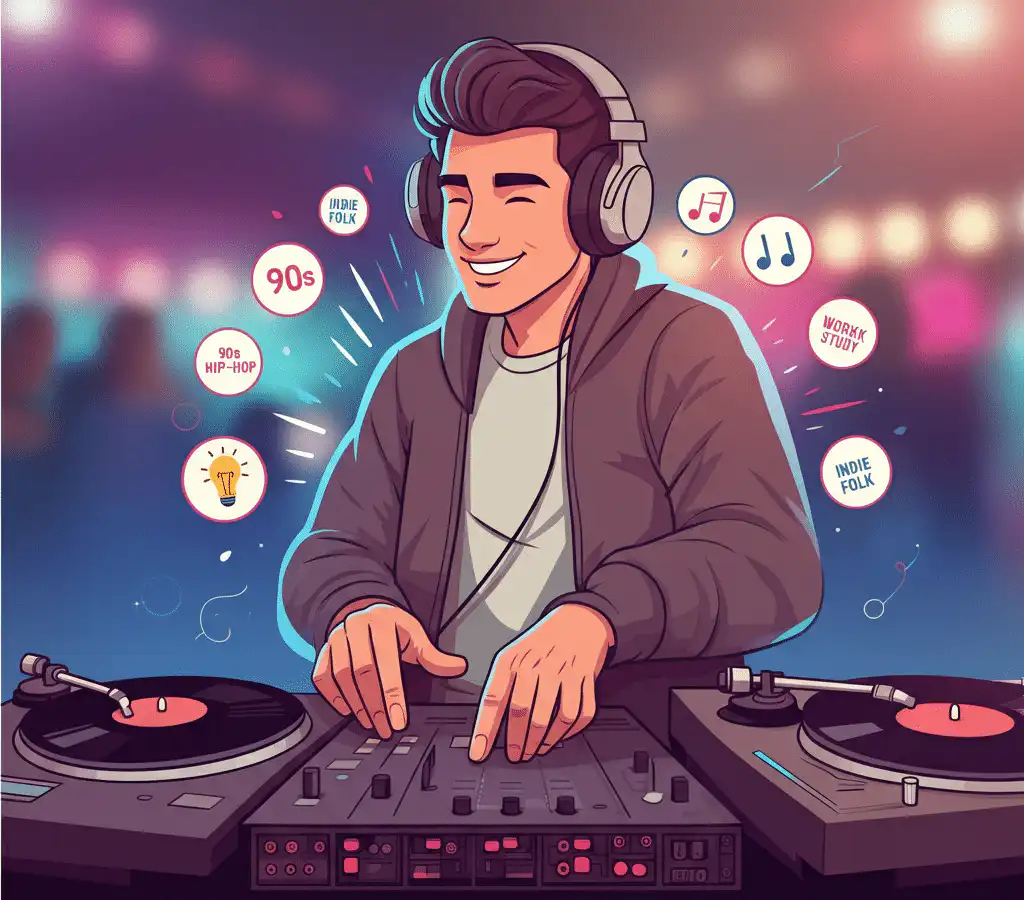A DJ wearing headphones mixes on dual turntables as colorful “playlist ideas” icons music notes, lightbulbs, and genre tags like 90s hip-hop and indie folk pop