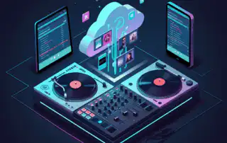 A DJ's turntables and mixer displaying streaming services