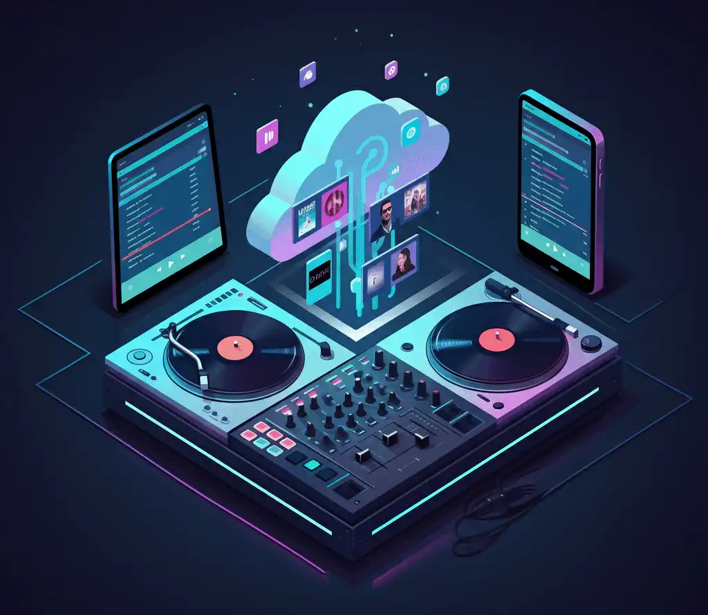 A DJ's turntables and mixer displaying streaming services