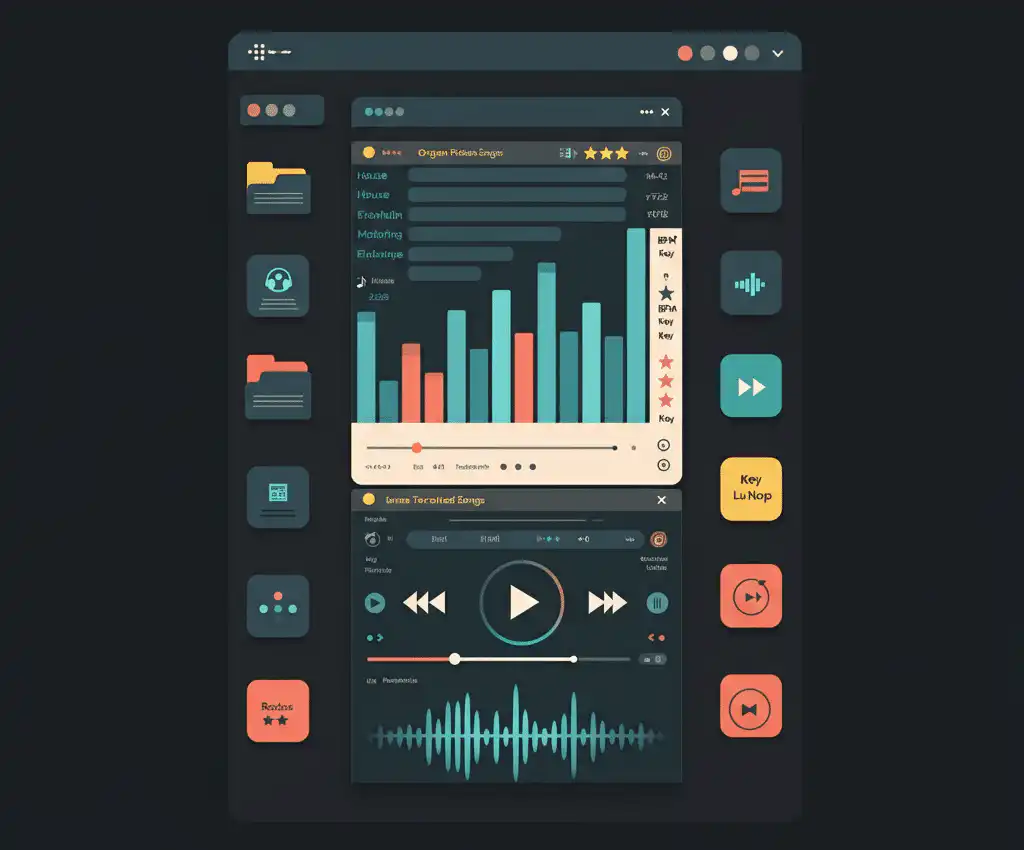 A UI showing organized Curated Songs and a selected track displaying a small waveform with cue markers