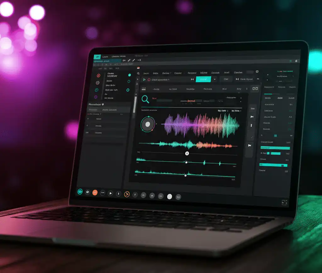 A booth displaying dark‑mode DJ software with beginner DJ song selection