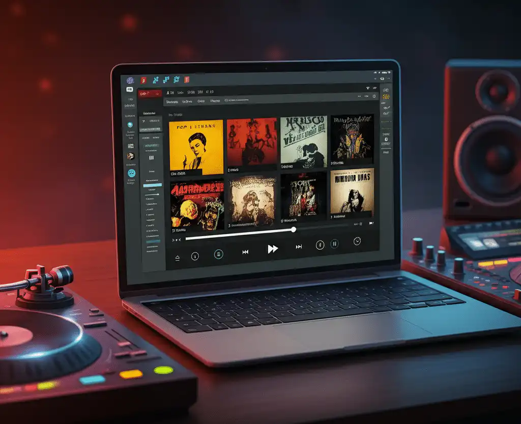 A laptop displaying a custom DJ playlist interface, surrounded by a turntable, studio monitor, and DJ mixer, with warm red lighting