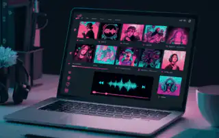 A laptop displaying a music streaming interface with colorful playlist thumbnails