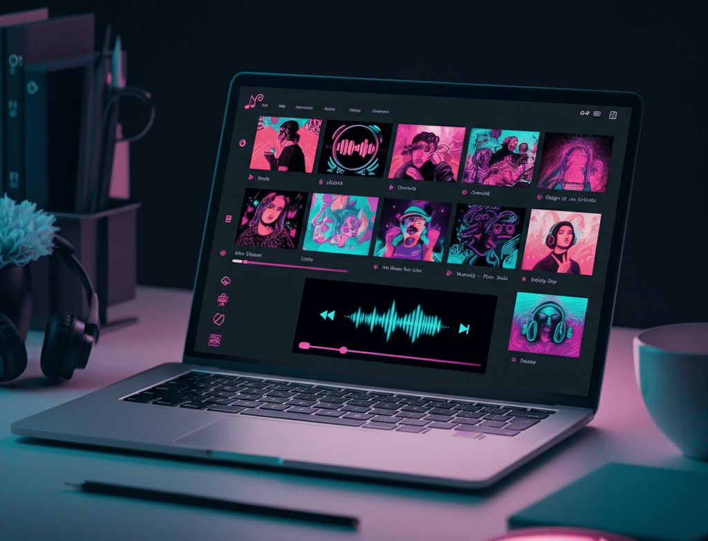 A laptop displaying a music streaming interface with colorful playlist thumbnails