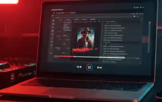 A laptop displaying a playlist djs with a detailed tracklist, and playback controls