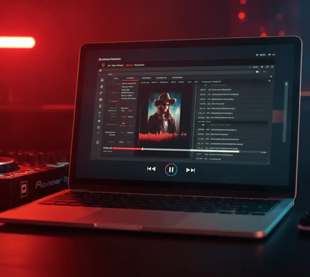 A laptop displaying a playlist djs with a detailed tracklist, and playback controls