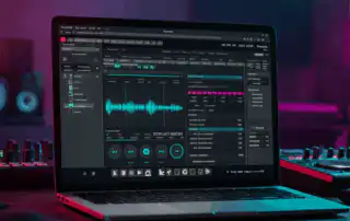 A laptop displays DJ software with dual waveforms and a song selection setlist