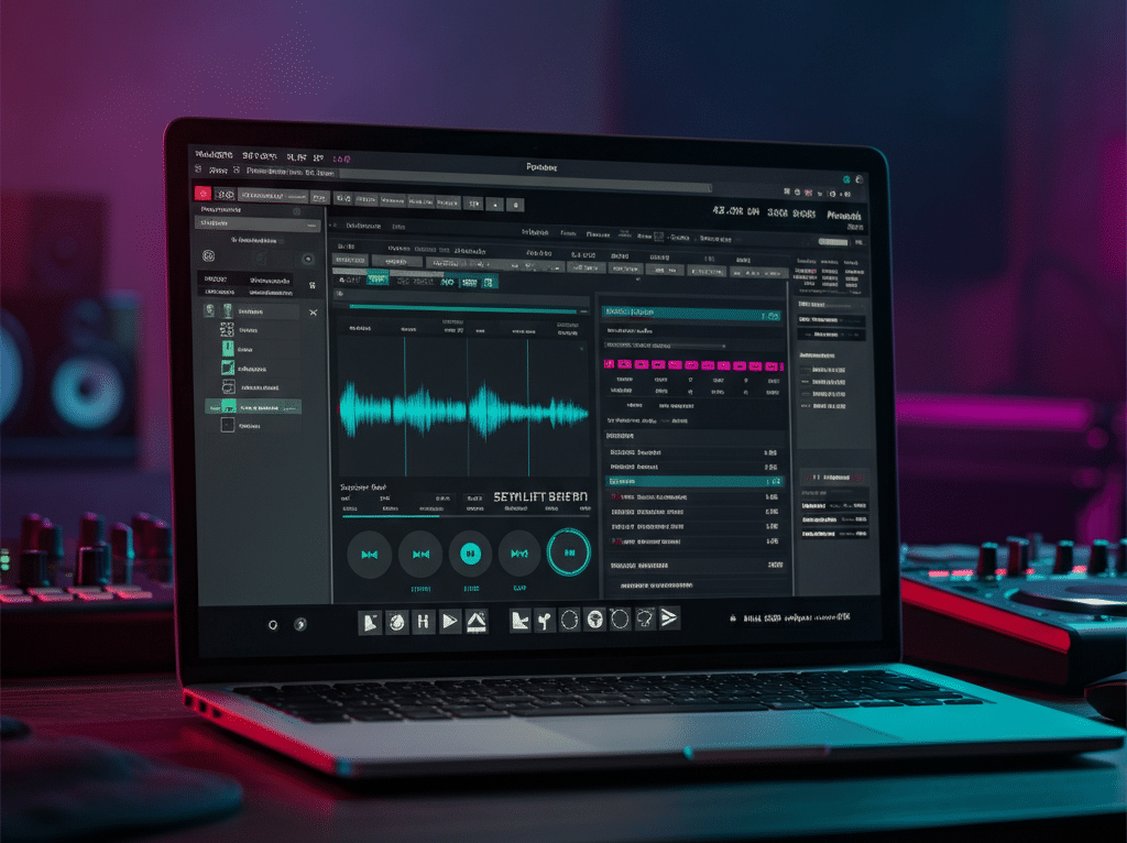 A laptop displays DJ software with dual waveforms and a song selection setlist