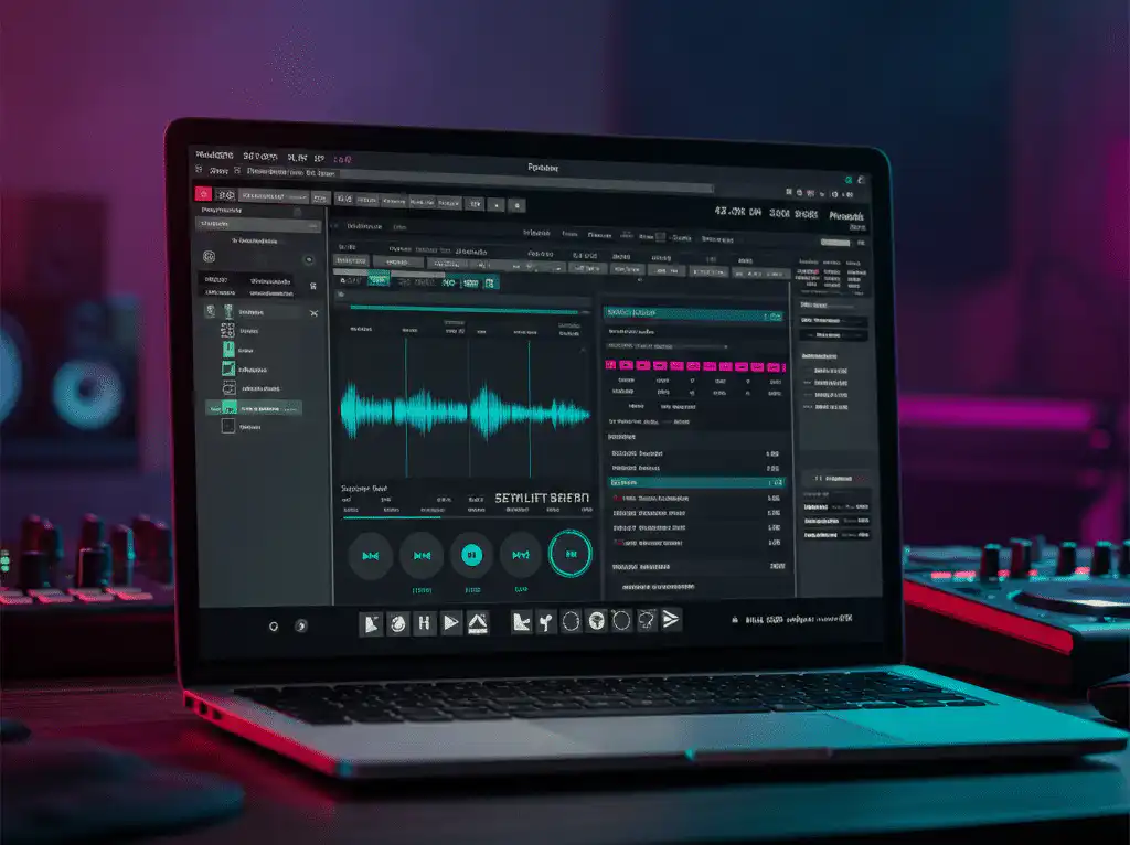A laptop displays DJ software with dual waveforms and a song selection setlist