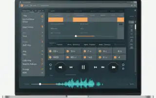 A laptop displays a dark-mode DJ playlist interface with a left sidebar of playlists