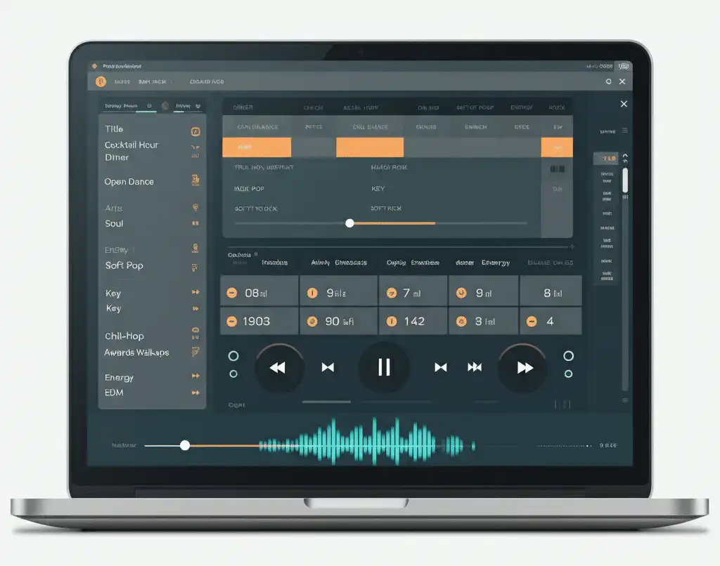 A laptop displays a dark-mode DJ playlist interface with a left sidebar of playlists