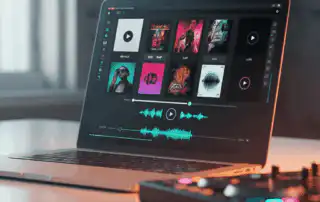 A laptop displays a music streaming app that shows playlist albums