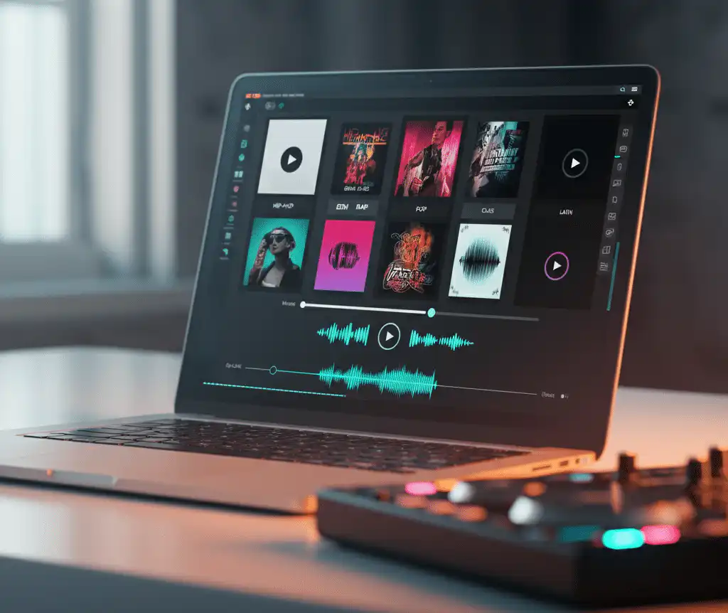A laptop displays a music streaming app that shows playlist albums