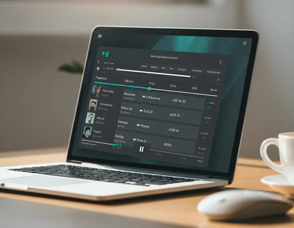 A laptop on a wooden desk displaying a music player with a playlist and a track of DJs
