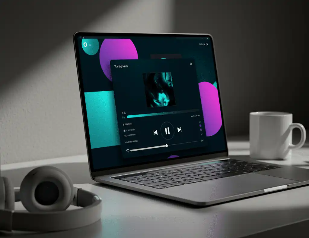 A laptop showing a song streaming service
