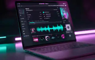 A laptop with DJ music streaming services interface showing remixes, extended mixes, BPM tags, and waveform in neon-lit studio